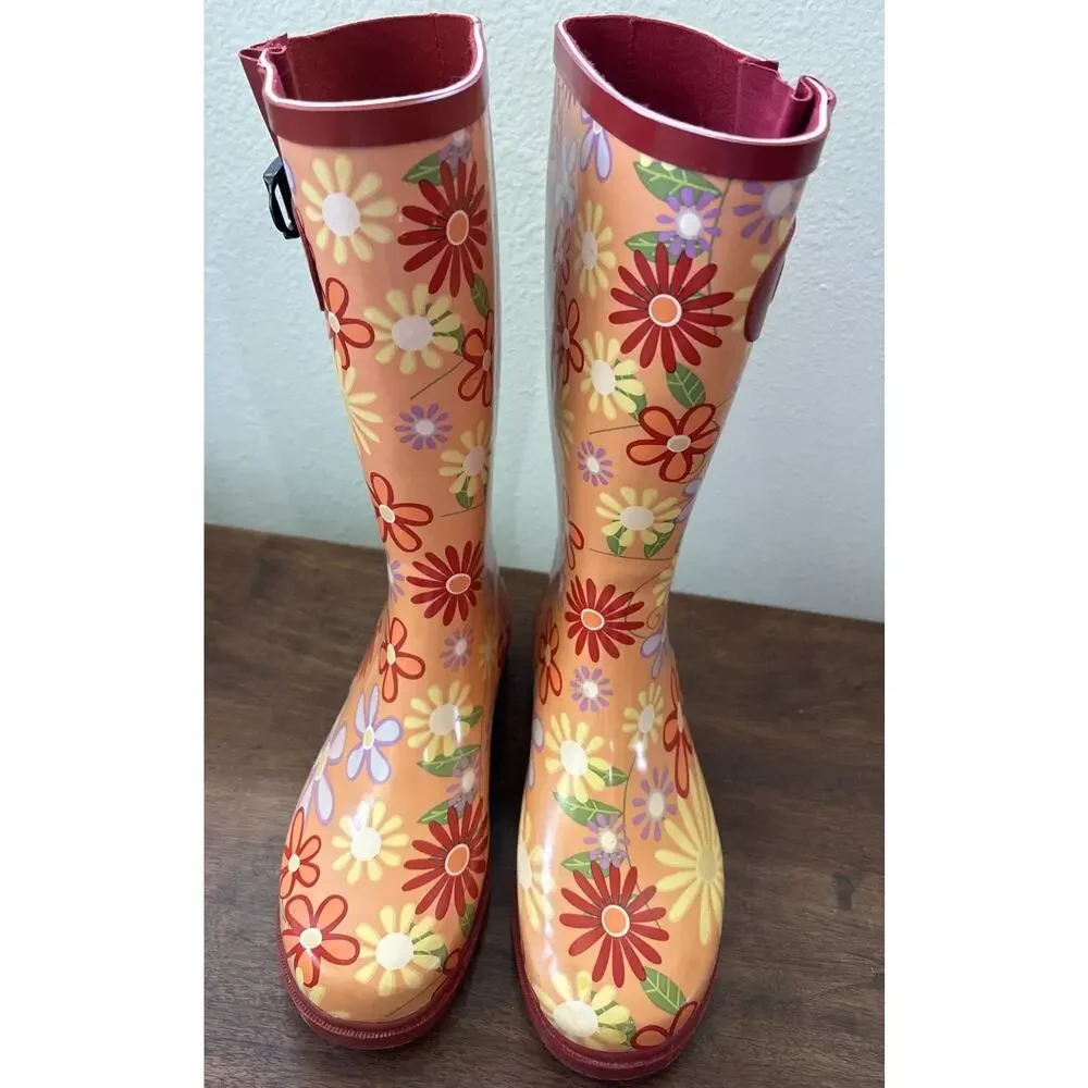 Womens Stone Creek Rubber Steel Shank Boots Size 6 Orange Flowers Rain Boots